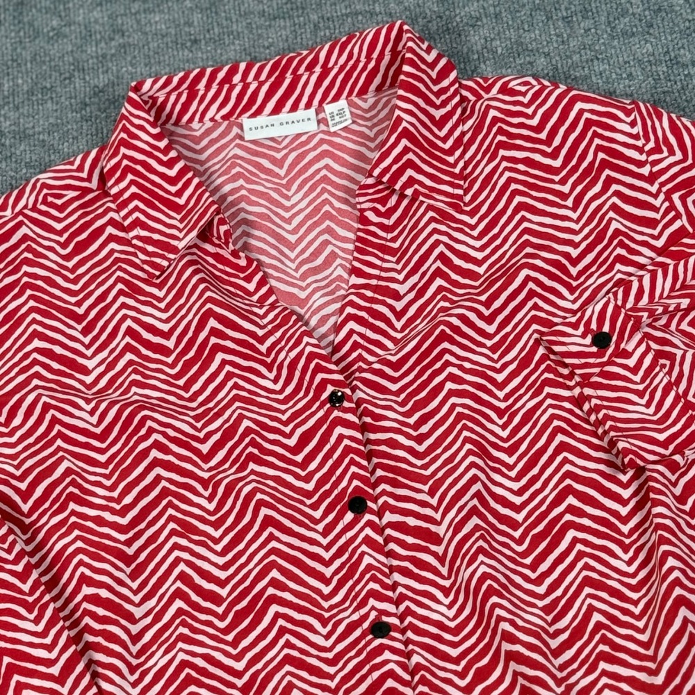 Susan Graver 3XP Red White Chevron Print Button Up V Neck Blouse Holiday Party
